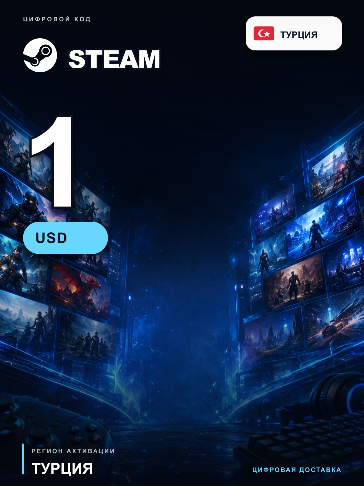 Карта пополнения Steam Wallet 1 USD, Турция; аккаунт Steam в USD, цифровой код